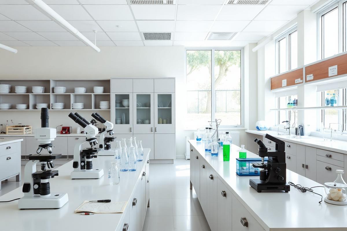 Mikroskoplar bilan jihozlangan maktab laboratoriyasi